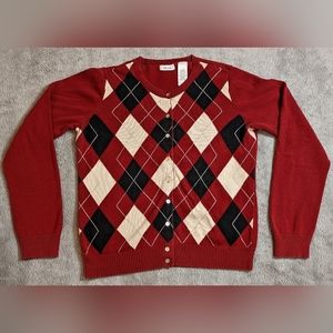 Liz & Co. Argyle Knit Cardigan, Red, Black, & Cream, Size M